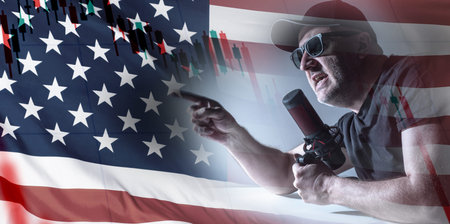Emotional speech on the background of the American flag. Election campaign in the United States. A...