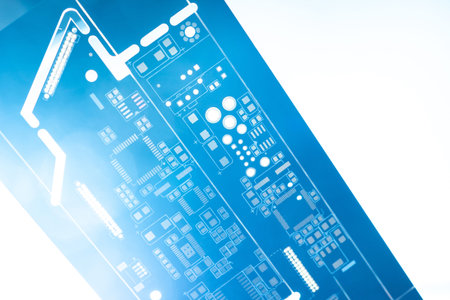 White and blue PCB background. Radio-electronic components. Production of printed circuit boards....