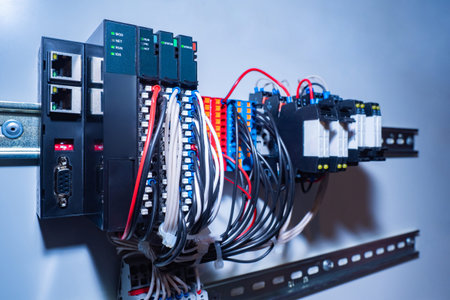 A switchboard with wires. Connecting equipment. Voltage switchboard with circuit breakers....