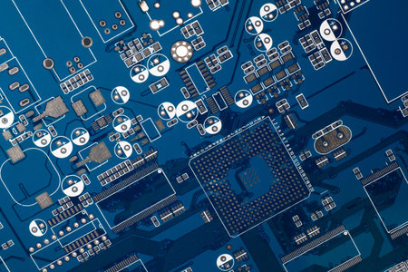 Close-up of a blue printed circuit Board. Radio-electronic components. Abstract blue computer...