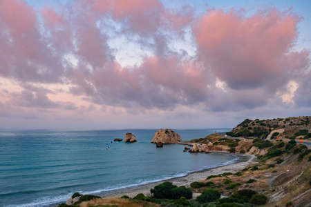 Cyprus. Aphrodite's rock on a cloudy day. Rock in the sea under the clouds. Panorama of the Mediterranean coast. Pathos. Petra tou Romiou. Kuklia. Natural attractions of Cyprus.の写真素材