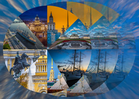 Collage of the views of St. Petersburg. Tourist cities of Russia. Museums of Petersburg. Selection of photos from the views of St. Petersburgのeditorial素材
