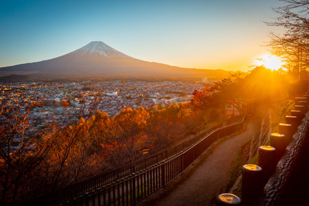 Sunset at mount Fuji. Autumn evening in Japan. Mountain area. The city of Fujiyoshida in the Japanese mountains. Autumn trip to East Asia. Life in a Japanese city. Beautiful natural landscape.のeditorial素材