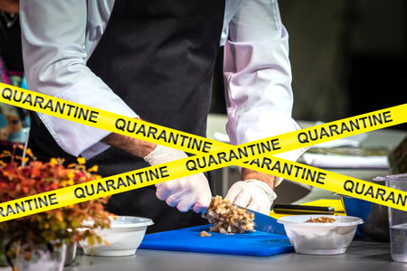 Cooking in a restaurant against the background of banning tapes. Closing of cafes and restaurants...