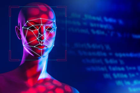 Facial recognition system. New methods of identifying people. Artificial intelligence. Drawing up a biometric model of a person's face. Biometric identification.の写真素材