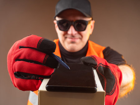 The man held out his hands with a smartphone and stylus. A man in work gloves holds out a box and a...