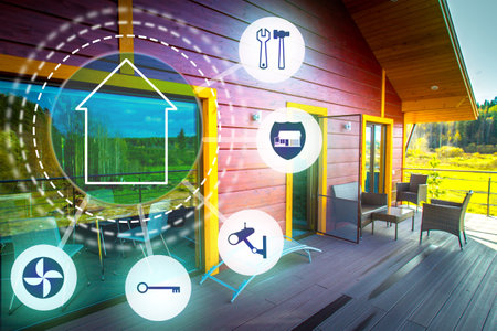 Smart home system. The concept of IOT. Connect your Smart home devices and manage them via your home network. The cottage is connected to the Smart home system. Home remote control.の写真素材