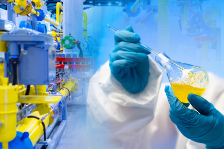 Production of synthetic detergents. The hands of the laboratory assistant hold a flask with a yellow...