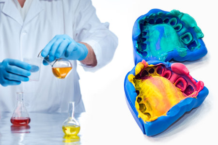 Dentistry. Laboratory assistant with test tubes in his hands and casts of patients' jaws. Modern...