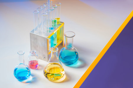 Chemical concept with space for text. Glass flasks and test tubes. Tableware for the chemical...