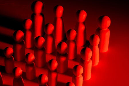 The growth of unemployment. Specialists who lost their jobs at various levels on an alarming red background. The concept of mass layoffs. Loss of livelihood. Mass reduction of the personnel.の写真素材