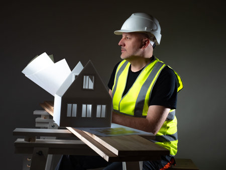 A thoughtful architect sits next to the cottage layout. The architect is developing a project for...
