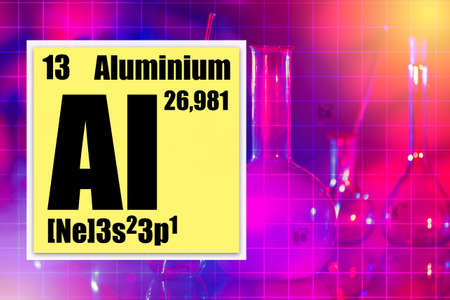 Aluminum symbol. Chemical element 13 of the periodic table. Aluminum logo in a yellow box on a bright chemical background. Aluminum in industry.の写真素材