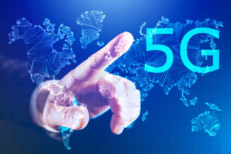 5g Internet. High-speed mobile networks. The person puts his finger to the 5g logo and the world...