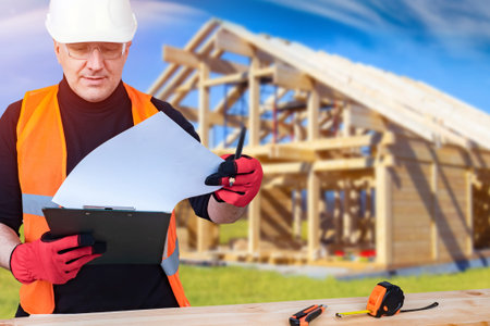 Builder with documents in hand on the background of the frame of the cottage.Construction of wooden...
