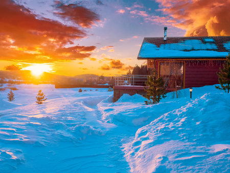 Sunset in winter. Sun sets on the background a winter landscape. Beautiful sunset sky over the...