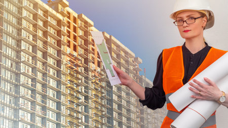 Urban construction. The girl works as a construction engineer. An architect in a hard hat on the...