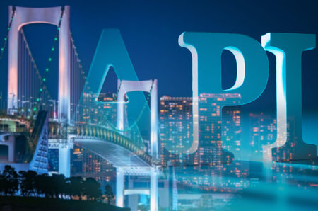 API on the background of the evening city. Developing an API for travelers. Programming. Creating...