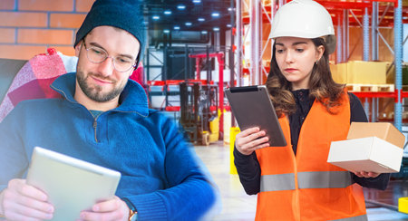 Warehouse storage. Using electronic devices to search for the desired product. A man and a woman...