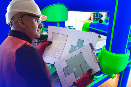 Engineering works in construction. A man with plans of the building against the background of pipes....