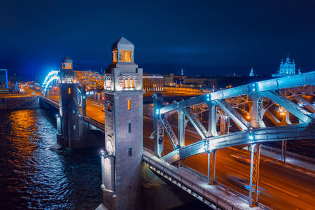 Evening Saint-Petersburg. View of the Russian city from a height. Bridges Of St. Petersburg....