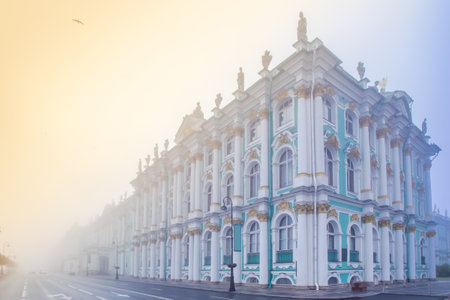 St. Petersburg in the fog. The Palace Embankment in St. Petersburg. Embankment with the Hermitage. Streets of Petersburg. Russia. Cities of the Russian Federation.のeditorial素材