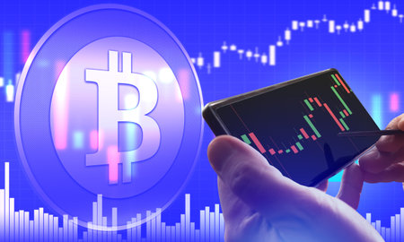 The concept of bitcoin in a blue color. Bitcoin icon, graphics and smartphone on a blue background....