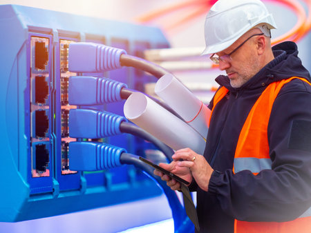 Engineering equipment of the building. Engineer with a tablet and documents on the background of the...