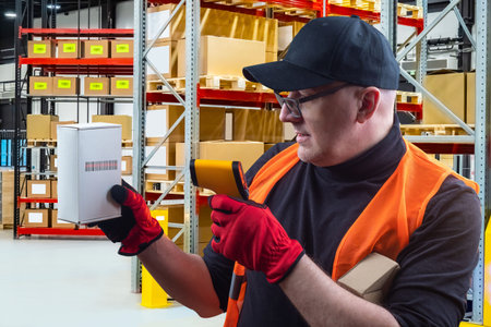 Inventory in the warehouse. The man checks the availability of the product using a scanner....