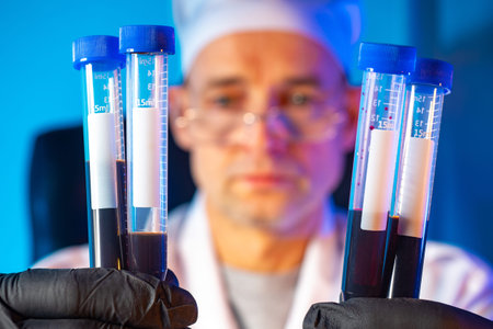 The doctor shows the filled test tubes for analysis. Blood test. Assessment of the patient's health...
