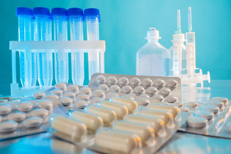 Pills and test tubes. Injection and vaccination. Drug discovery, pharmacology and biotechnology...
