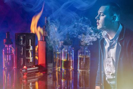 Collage on the topic of vaping. VAPE, accessories for Smoking electronic cigarettes and a man. Vapes...