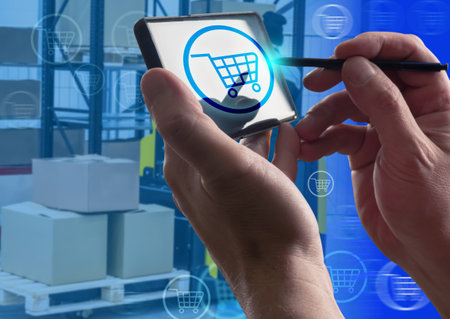 Making purchases via the mobile app. A person makes purchases using a smartphone. Internet commerce....