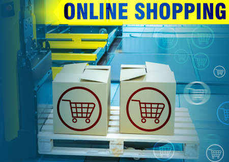 Online shopping. Online store operation. Orders are prepared for delivery. Home delivery of goods. E-commerce. Ordering products from the comfort of your home.の写真素材