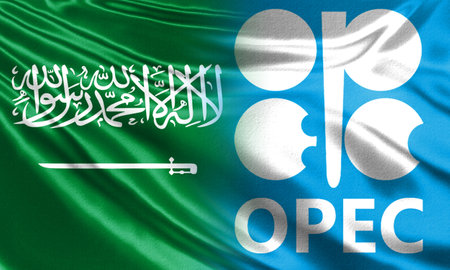 The flags of Saudi Arabia and OPEC are next to each other. Organization of petroleum exporting countries. The countries are the largest oil exporters. The OPEC countries. Production of natural fuel.のeditorial素材