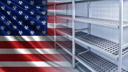American flag with biohazard signs on the background of empty shelves. Covid-19 in America. The spread of coronavirus in the United States. The closure of shops due to the coronavirus.の写真素材