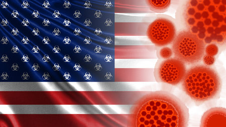 Coronavirus quarantine in America. Biohazard signs on the American flag and coronavirus molecules....