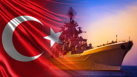 Warships of the world. Warship on the background of the Turkish flag. Battleship of the Turkish Navy. Combat duty on the water. Combat duty of a Turkish ship. The naval forces of Turkey.の写真素材