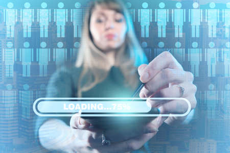 A study of the needs of customers. Marketing. A woman loads data on a tablet against a background of many little people. Sales promotion. Customer research.の写真素材