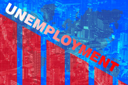 The concept of global unemployment. The word Unemployment and red figures on the background of the city and the world map. Crisis of the world labor market.の写真素材