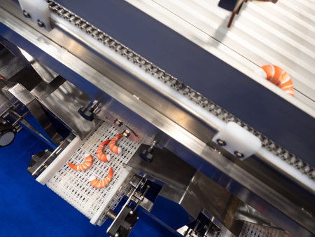 Seafood processing line. Shrimp on the conveyor. Production of semi-finished products from seafood....