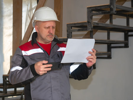 Builder on the background of a metal staircase. A man in a uniform and construction helmet in a...