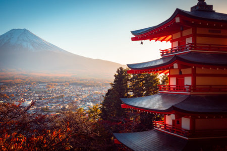 Panorama of Japan in autumn. Fujiyama and pagoda. City at the foot of mount Fuji.のeditorial素材