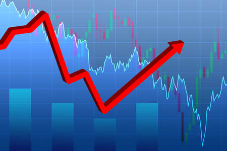 Red arrow on a blue background. Financial chart. Graph depicts a rebound. Concept - Dead cat bounce. Recovery quotes in finance. Rollback of value after recession. Short-term increase after servingの写真素材
