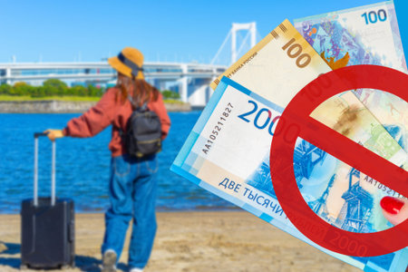 Strikethrough money next to traveler. Concept - tourists do not have money to return home. Russian...