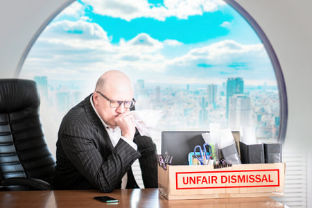 Inscription unfair dismissal on box of the dismissed. Man in the office with large window. Human is...