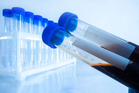 Test tubes with blood close up. Place for inscription on test tubes. Plastic medical bottles for...