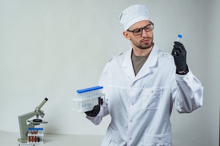 Man compares DNA of the blood. Laboratory assistant holds test tubes with blood. Microscope and test...
