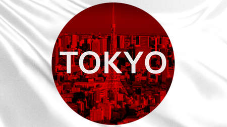 Japan. Tokyo logo on the background of the Japanese flag. Photo of the city inside the flag. Concept - tourism in the capital of Japan. A trip to Tokyo. Japanese symbol. City with a red tintの写真素材