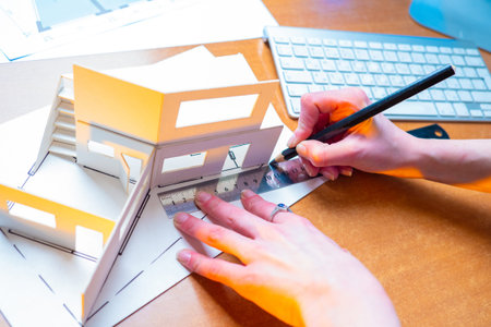 Human encircles the layout of the house. Creating layout-based drawings. Concept - architect thinks...